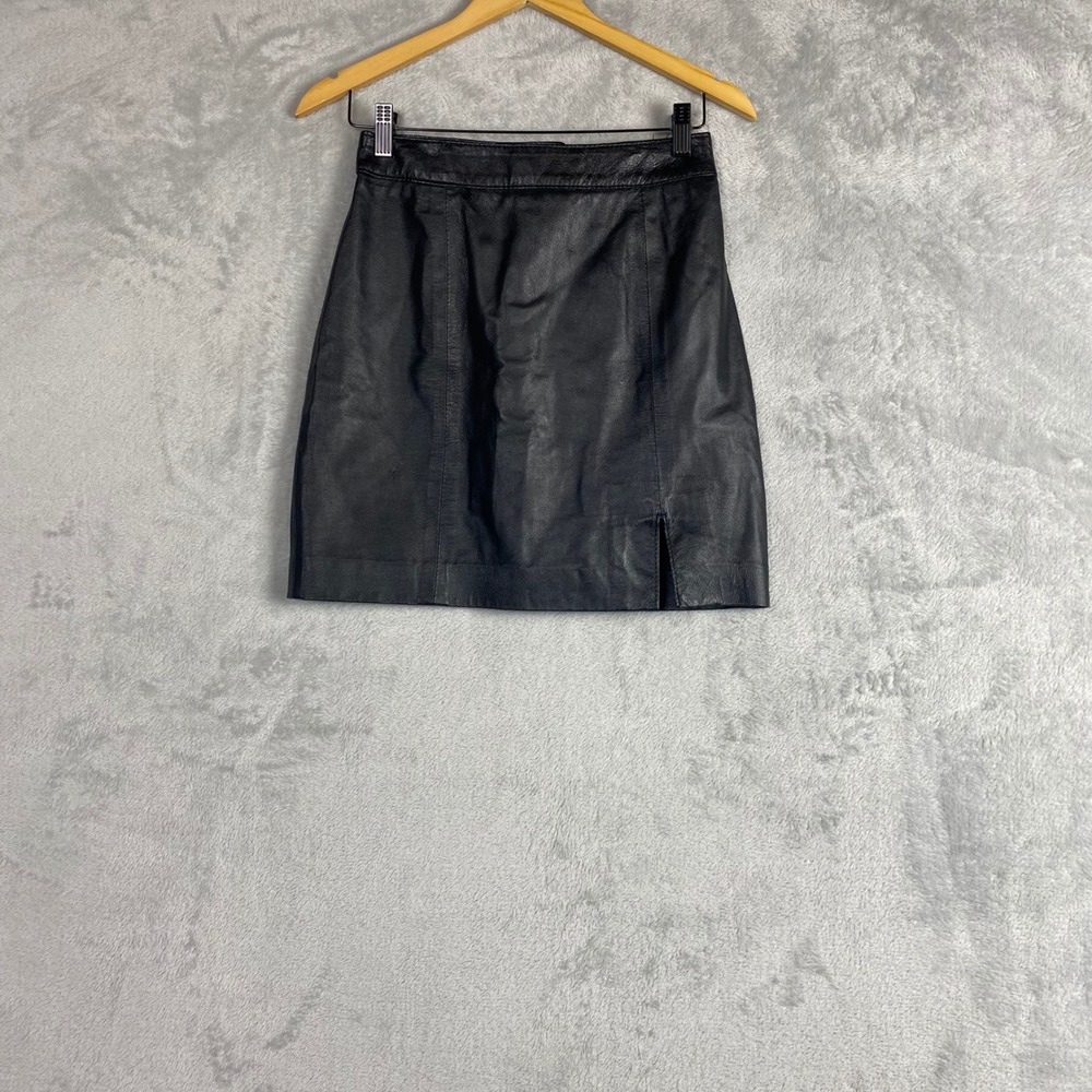 The Leather Patch Womens Black Genuine Leather Mini Skirt High Waist Slit Size 2